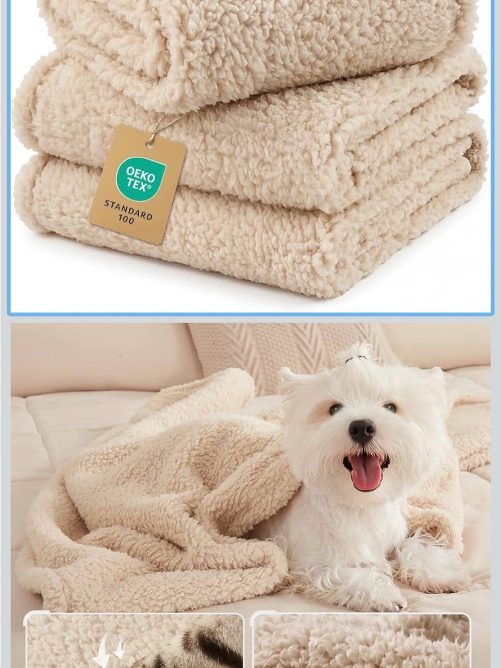 3pk Luciphia Plush Sherpa Dog Blanket – Cream Cozy Pet Throw